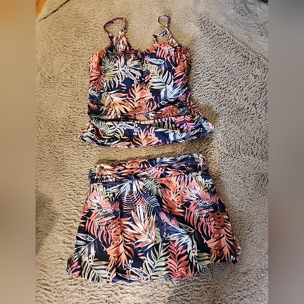 Tropical Leaf Print Tankini Set Meet Curve Tropical Swim Suit Skirt NEW